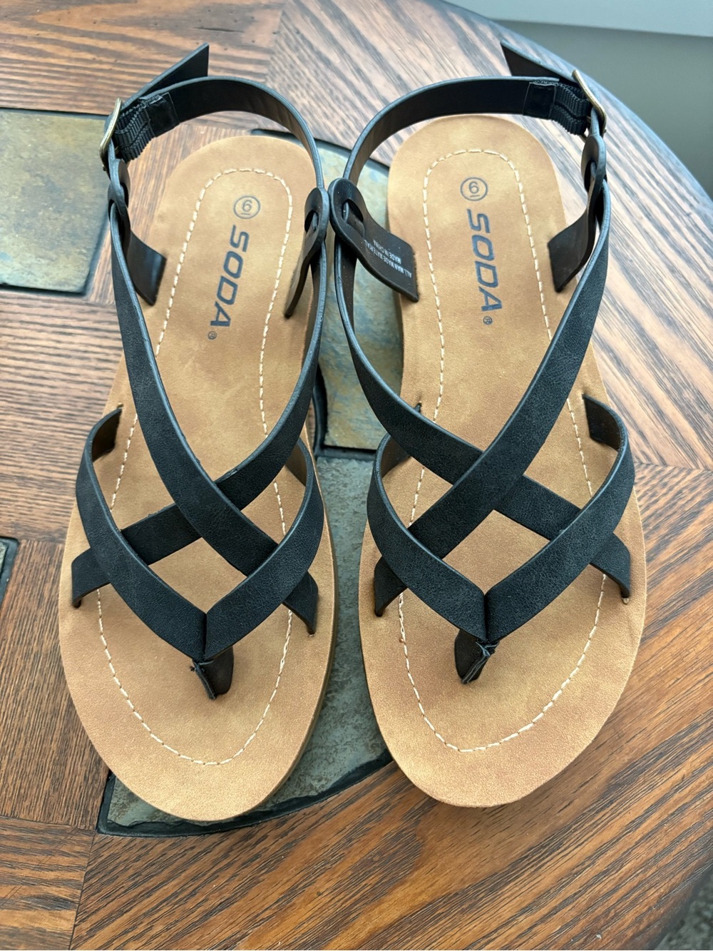 SODA Black Crisscross Toe-Post Sandals with Tan Footbed